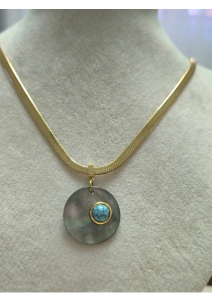 Sedefli Mavi Taşlı Altın Çelik Oval Kesim Kolye fiyatları