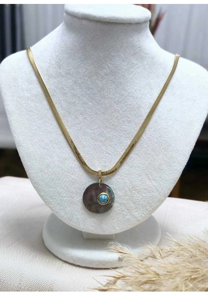 Sedefli Mavi Taşlı Altın Çelik Oval Kesim Kolye fırsatları