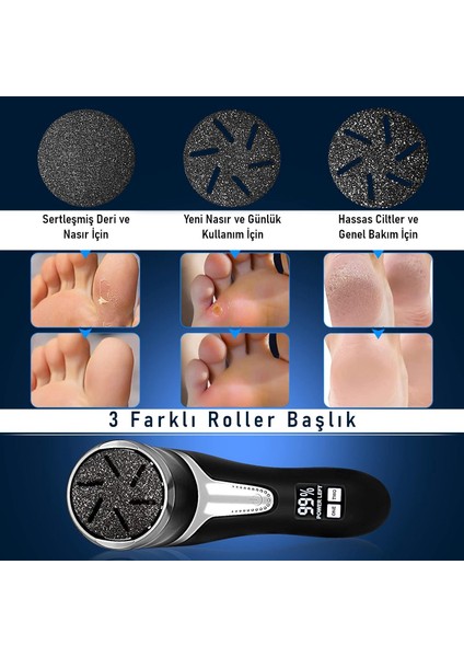 Profesyonel Ayak Bakım Cihazı 360° Dönen Başlık Dijital Ekranlı, Şarjlı & 10 Parça Pedikür Kiti Siyah fiyatları