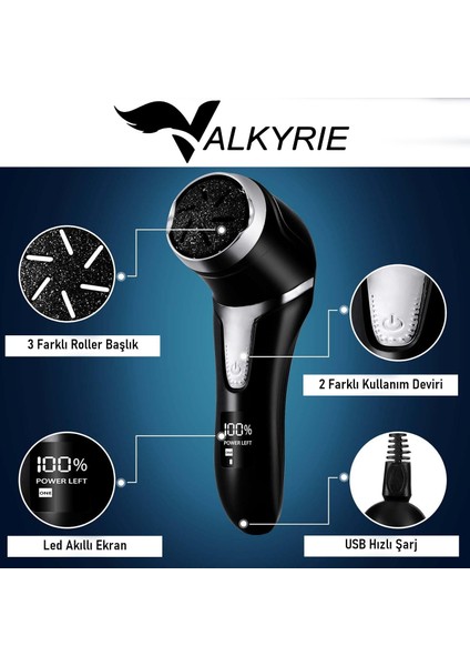 Profesyonel Ayak Bakım Cihazı 360° Dönen Başlık Dijital Ekranlı, Şarjlı & 10 Parça Pedikür Kiti Siyah modelleri