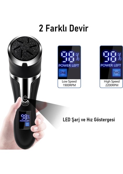 Profesyonel Ayak Bakım Cihazı 360° Dönen Başlık Dijital Ekranlı, Şarjlı & 10 Parça Pedikür Kiti Siyah indirimleri