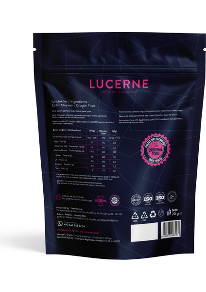 Lucerne Freeze Dry Technology Lucerne Dondurularak Kurutulmuş Ejder Meyvesi 30 gr fiyatları