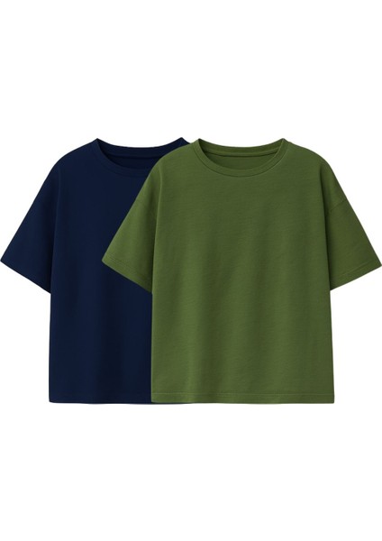 Basic 2'li Unisex Bisiklet Yaka T-Shirt ( Lacivert - Haki )