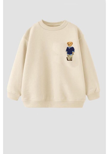 Unisex Çocuk Ayıcık Baskılı 3 Iplik Pamuklu Kumaş Sweatshirt