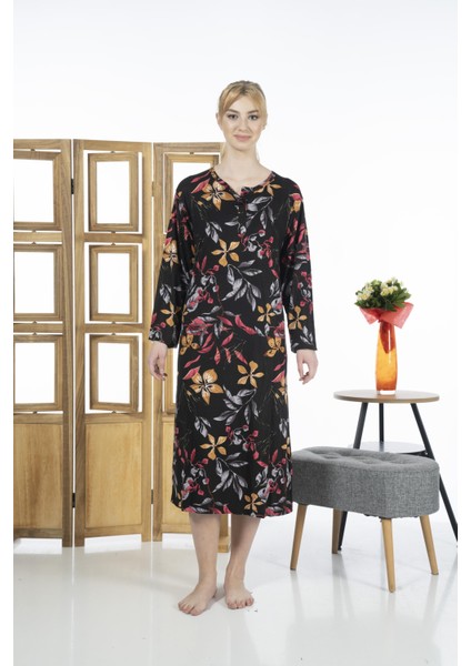 23246-4 Üstten Düğmeli Uzun Kollu Desenli Likra Viskon Günlük Elbise