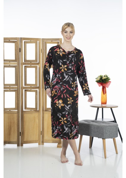 23246-4 Üstten Düğmeli Uzun Kollu Desenli Likra Viskon Günlük Elbise fiyatları