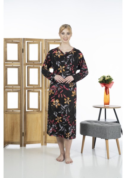 23246-4 Üstten Düğmeli Uzun Kollu Desenli Likra Viskon Günlük Elbise modelleri