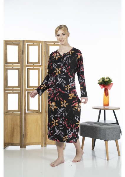 23246-4 Üstten Düğmeli Uzun Kollu Desenli Likra Viskon Günlük Elbise fırsatları