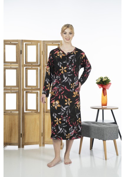 23246-4 Üstten Düğmeli Uzun Kollu Desenli Likra Viskon Günlük Elbise indirimleri