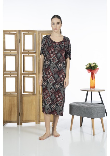 23238-4 Kare Yaka Yarım Kollu Desenli Likra Viskon Günlük Elbise
