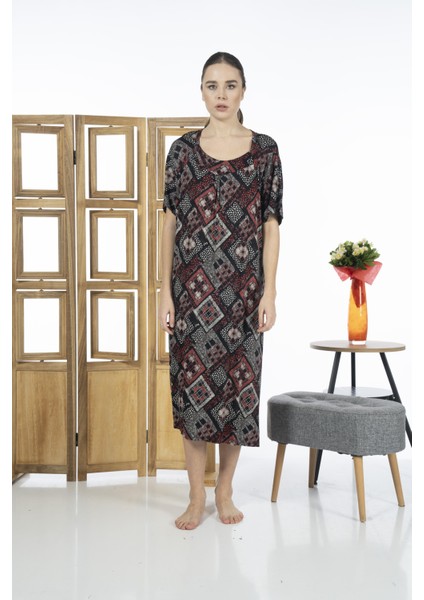23238-4 Kare Yaka Yarım Kollu Desenli Likra Viskon Günlük Elbise fiyatları