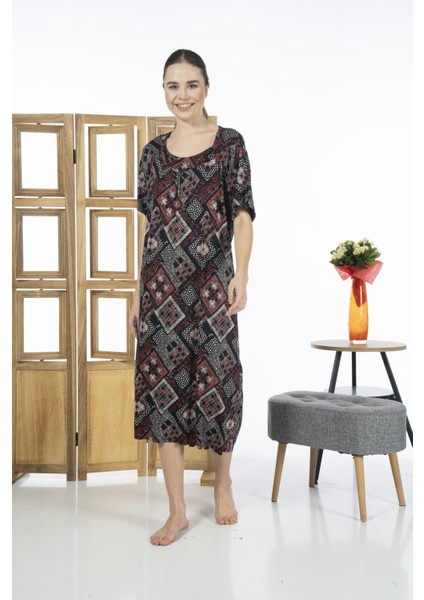 23238-4 Kare Yaka Yarım Kollu Desenli Likra Viskon Günlük Elbise modelleri