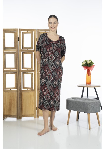 23238-4 Kare Yaka Yarım Kollu Desenli Likra Viskon Günlük Elbise fırsatları