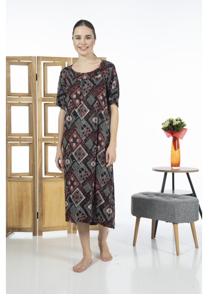 23238-4 Kare Yaka Yarım Kollu Desenli Likra Viskon Günlük Elbise indirimleri