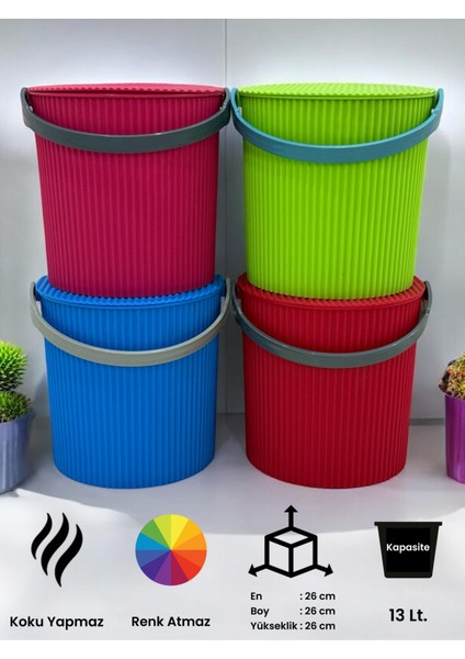 Rainbow 4’lü Mavi-Yeşil-Kırmızı-Pembe Büyük Boy 13 Litre Yuvarlak Kova Piknik Sepeti Meyve Kovası