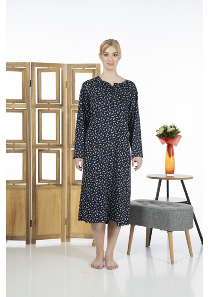 23246-3 Üstten Düğmeli Uzun Kollu Desenli Likra Viskon Günlük Elbise