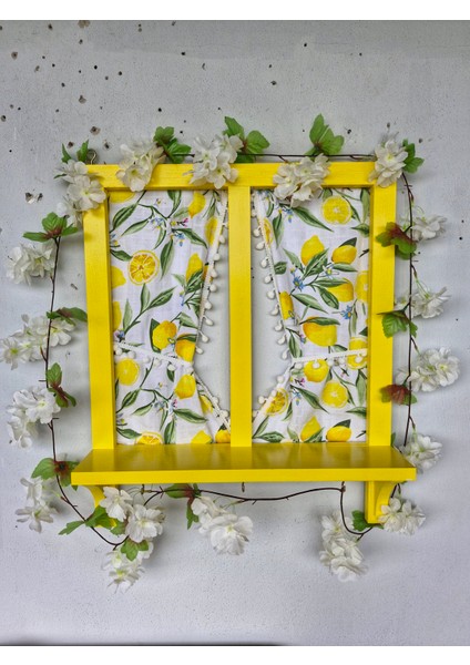 Ahşap Sarı Pencere,balkon Dekoru Için Limon Perdeli,50×60 Cm,el Boyaması