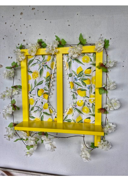 Ahşap Sarı Pencere,balkon Dekoru Için Limon Perdeli,50×60 Cm,el Boyaması fiyatları