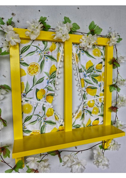 Ahşap Sarı Pencere,balkon Dekoru Için Limon Perdeli,50×60 Cm,el Boyaması modelleri