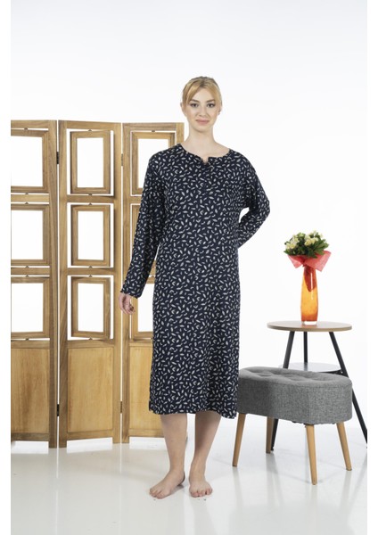 23246-3 Üstten Düğmeli Uzun Kollu Desenli Likra Viskon Günlük Elbise modelleri