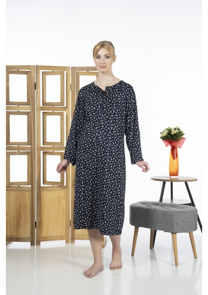 23246-3 Üstten Düğmeli Uzun Kollu Desenli Likra Viskon Günlük Elbise fırsatları