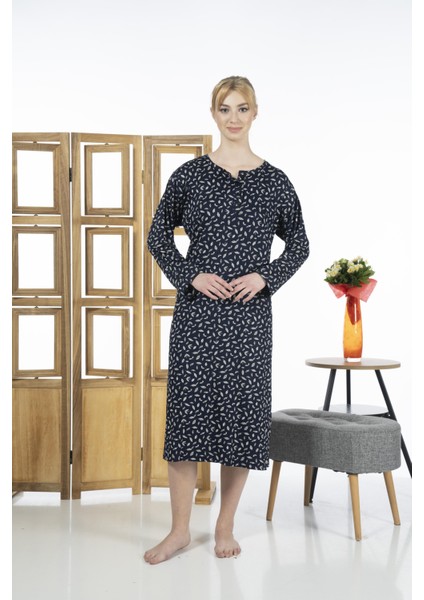 23246-3 Üstten Düğmeli Uzun Kollu Desenli Likra Viskon Günlük Elbise indirimleri