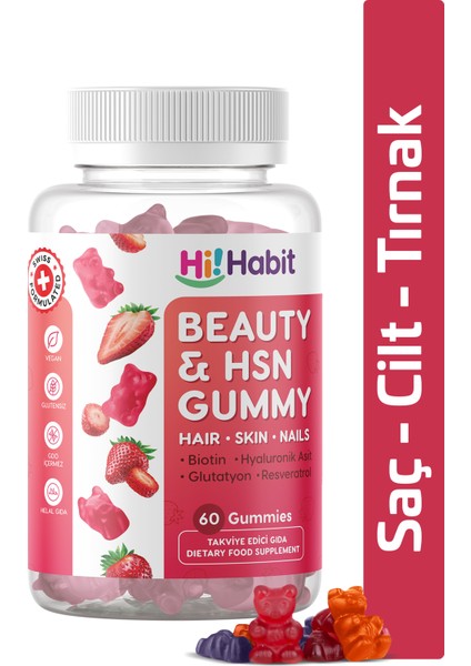 Beauty & Hsn Gu mmy Saç ve Cilt Vitamini - Biotin, Hyaluronik Asit, Glutatyon, Resveratrol Vegan Gu mmy Aylık Kullanım İçin 60 Adet Içerir.