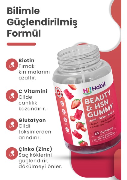 Beauty & Hsn Gu mmy Saç ve Cilt Vitamini - Biotin, Hyaluronik Asit, Glutatyon, Resveratrol Vegan Gu mmy Aylık Kullanım İçin 60 Adet Içerir. fiyatları