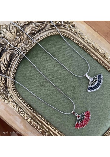 Yelpaze Model Kırmızı Taşlı Çelik Kolye modelleri