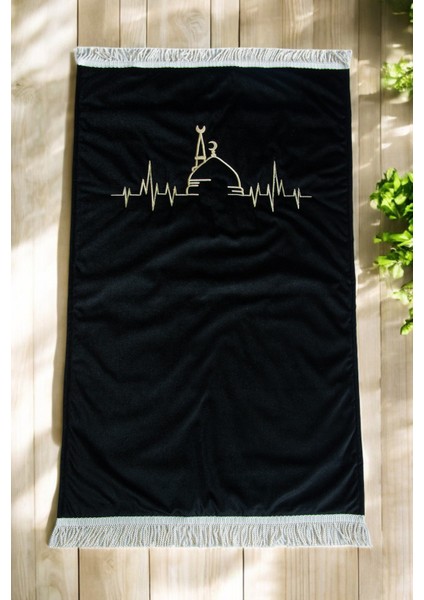 Mescidi Nebevi Nakış Işlemeli Kadife Seccade Siyah