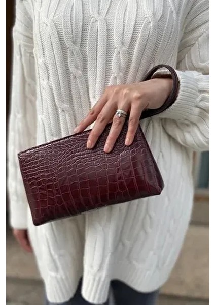 Kadın Bordo Kroko Pörtföy El Çantası Croco Şık Görünüm ve Trend Tasarım