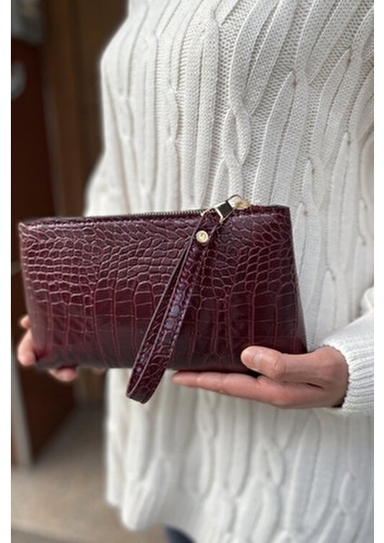 Kadın Bordo Kroko Pörtföy El Çantası Croco Şık Görünüm ve Trend Tasarım fiyatları