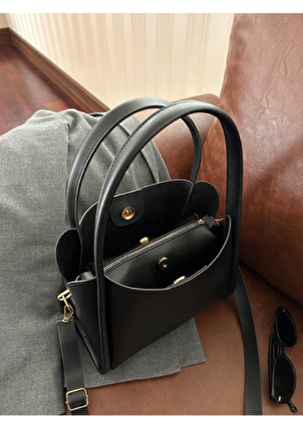 Kadın Üç Bölmeli Özel Tasarım Çıkarılabilir Makyaj Çantalı Siyah Deri El ve Omuz Çantası Rain fırsatları