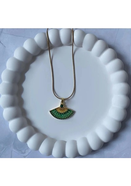 Yelpaze Model Yeşil Taşlı Gold Çelik Kolye fiyatları