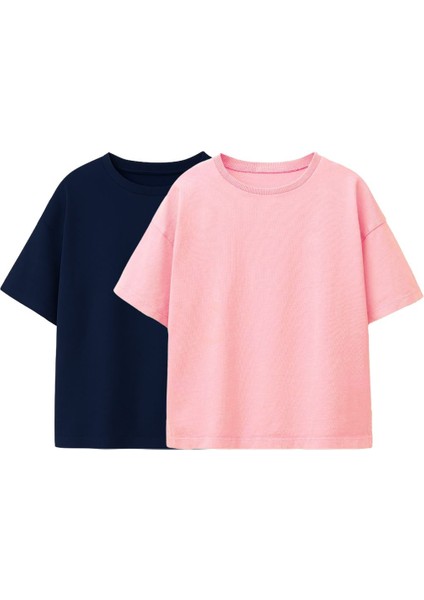 Basic 2'li Kız Çocuk Bisiklet Yaka T-Shirt ( Lacivert - Pembe )