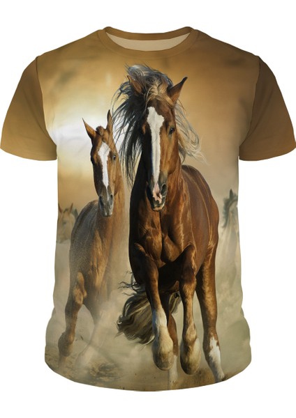 Unisex Kahverengi Koşan Atlar Baskılı Slim Fit Tişört