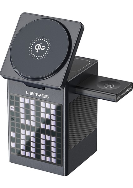 PW320 15W 6in1 Kablosuz Şarj Standı Qi2 Teknolojili Alarmlı Speaker Özellikli Gri