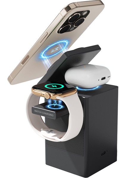 PW320 15W 6in1 Kablosuz Şarj Standı Qi2 Teknolojili Alarmlı Speaker Özellikli Gri modelleri