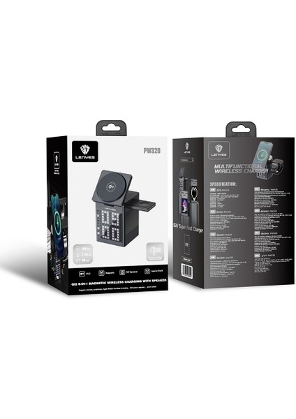 PW320 15W 6in1 Kablosuz Şarj Standı Qi2 Teknolojili Alarmlı Speaker Özellikli Gri