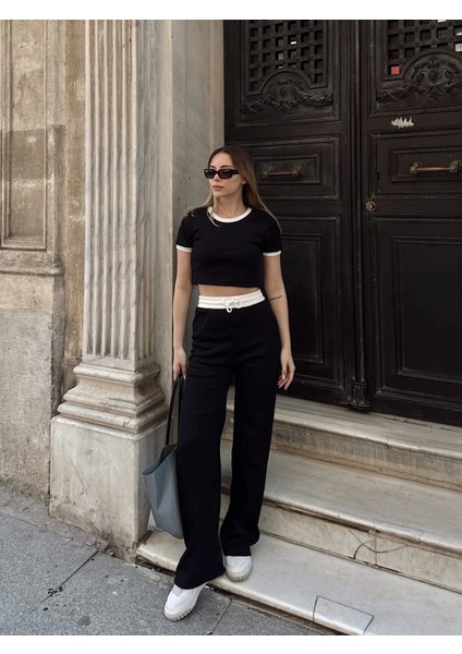 Crop Pantolon Biyeli Alt Üst Takım Siyah