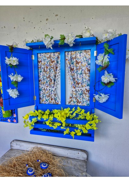 Mavi Ahşap Panjurlu Pencere, Balkon Bahçe Duvar Dekorasyonu,el Boyaması, Perdesi Dahil