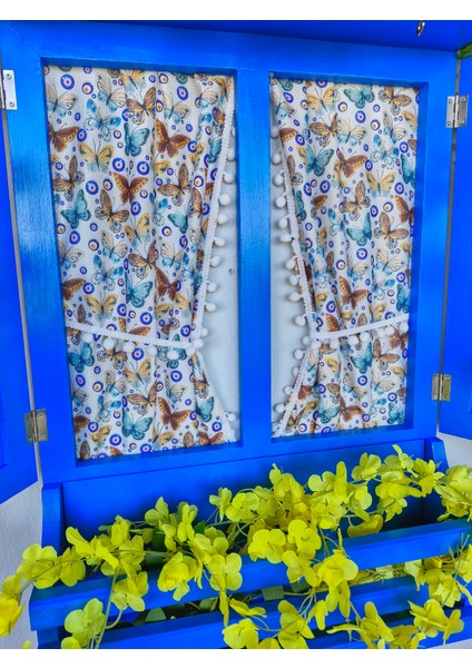 Mavi Ahşap Panjurlu Pencere, Balkon Bahçe Duvar Dekorasyonu,el Boyaması, Perdesi Dahil fiyatları