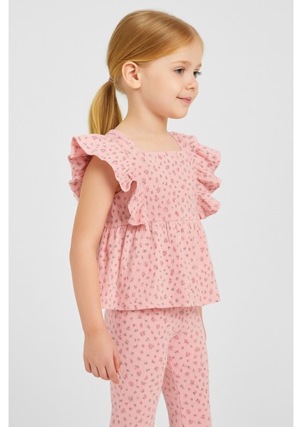 Kız Çocuk Pembe Fırfırlı Kolsuz Üst ve Çiçek Desenli Pantolon Takım – Kız Çocuk Takım