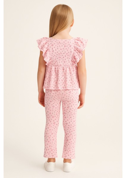 Kız Çocuk Pembe Fırfırlı Kolsuz Üst ve Çiçek Desenli Pantolon Takım – Kız Çocuk Takım fırsatları