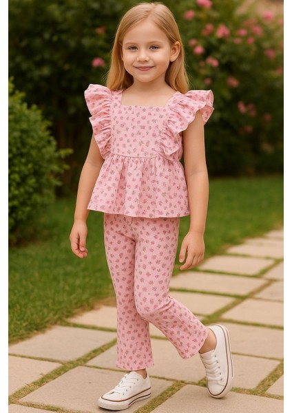 Kız Çocuk Pembe Fırfırlı Kolsuz Üst ve Çiçek Desenli Pantolon Takım – Kız Çocuk Takım indirimleri