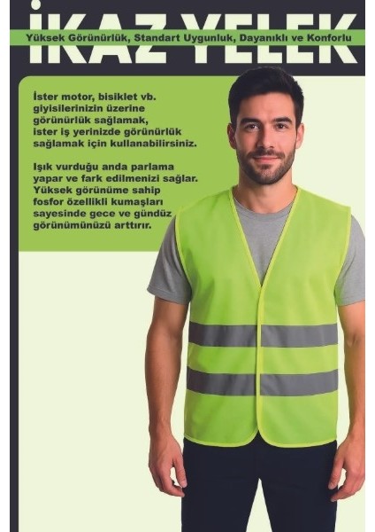 Işçi Ikaz Fosforlu Reflektörlü Yelek 10 Adet Standart modelleri