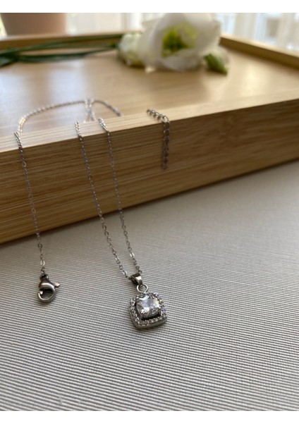 316L VIP Çelik Zirkon Taşlı Gümüş Renk Kolye