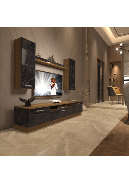 Trio 5d Mdf Tv Ünitesi Tv Sehpası - Pera - Siyah Mermer