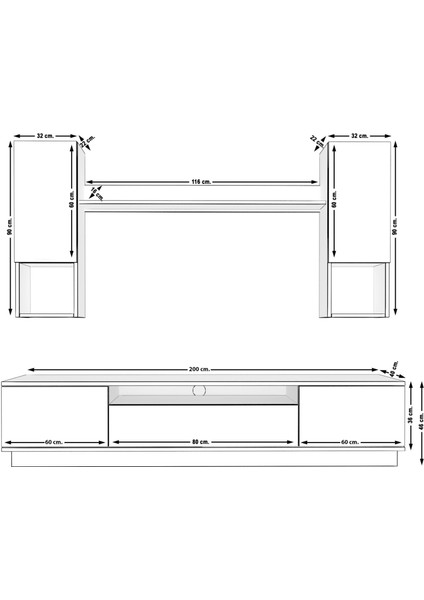 Trio 5das Mdf Tv Ünitesi Tv Sehpası - Beyaz - Siyah Mermer
