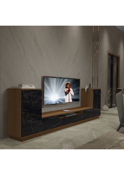 Trio ON2S Mdf Tv Ünitesi Tv Sehpası - Ceviz - Siyah Mermer